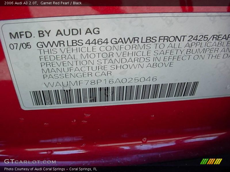 Garnet Red Pearl / Black 2006 Audi A3 2.0T