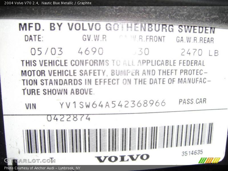 Nautic Blue Metallic / Graphite 2004 Volvo V70 2.4