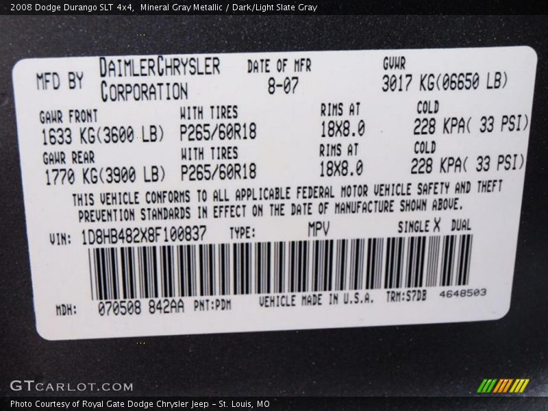 Mineral Gray Metallic / Dark/Light Slate Gray 2008 Dodge Durango SLT 4x4