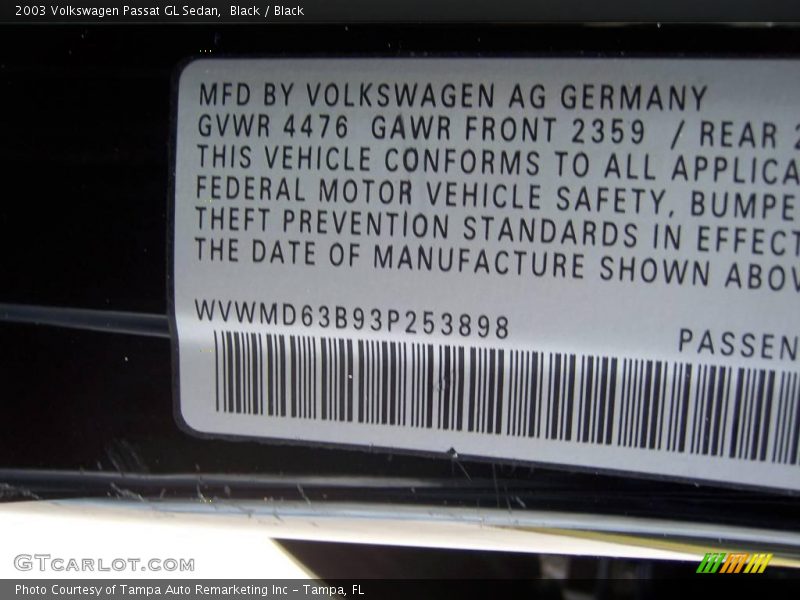 Black / Black 2003 Volkswagen Passat GL Sedan