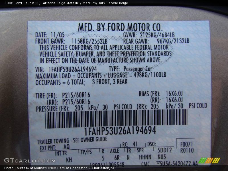 Arizona Beige Metallic / Medium/Dark Pebble Beige 2006 Ford Taurus SE