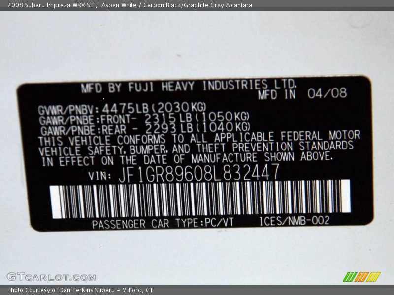 Aspen White / Carbon Black/Graphite Gray Alcantara 2008 Subaru Impreza WRX STi