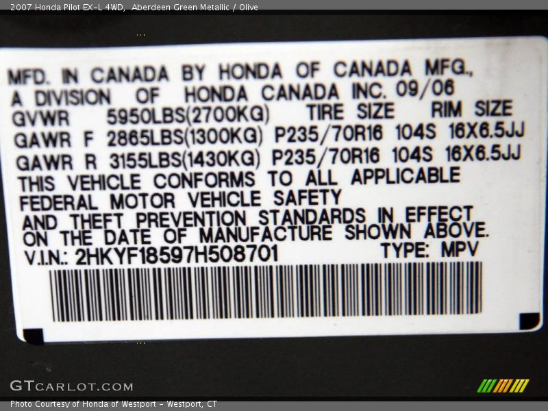 Aberdeen Green Metallic / Olive 2007 Honda Pilot EX-L 4WD