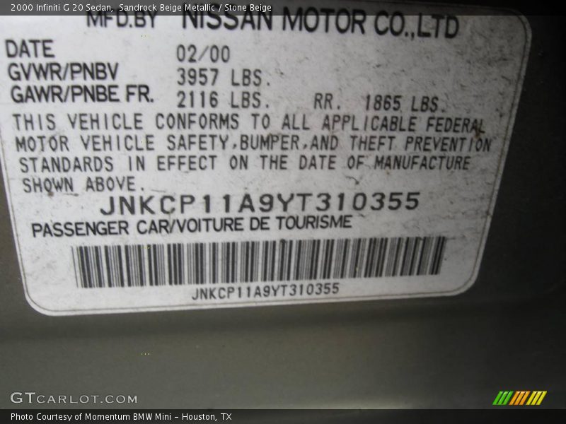 Sandrock Beige Metallic / Stone Beige 2000 Infiniti G 20 Sedan