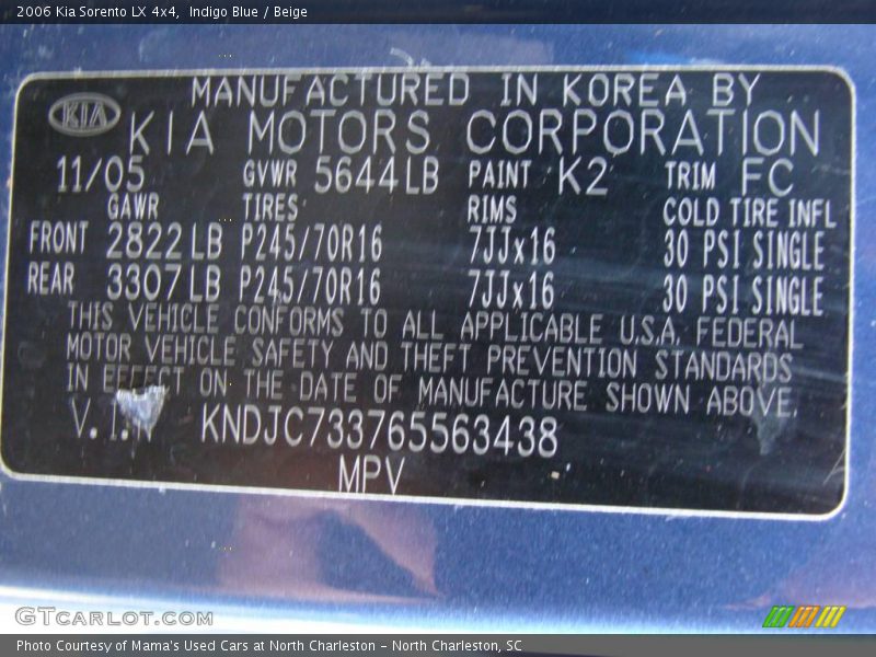 Indigo Blue / Beige 2006 Kia Sorento LX 4x4