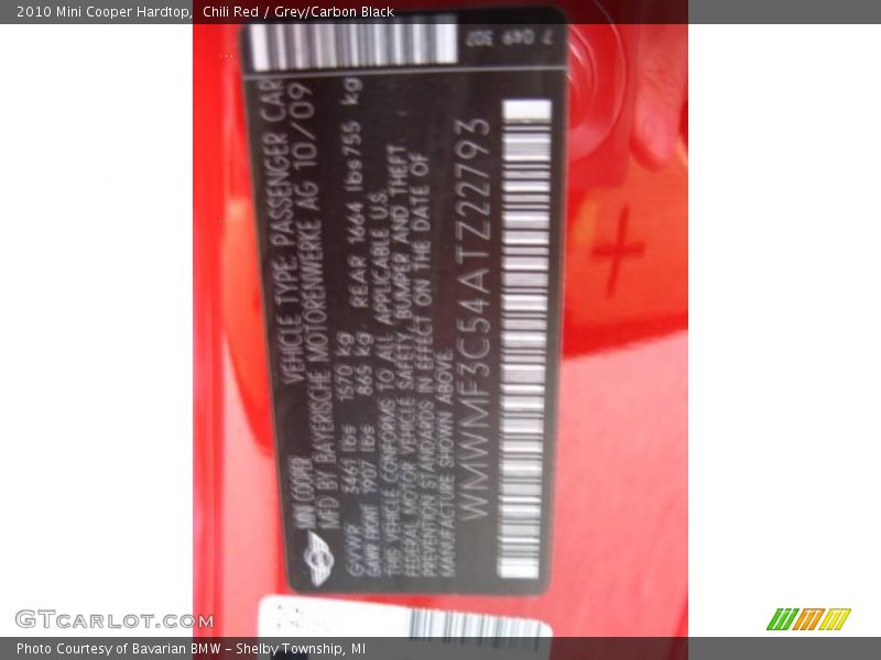 Chili Red / Grey/Carbon Black 2010 Mini Cooper Hardtop