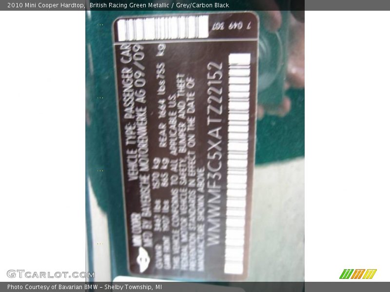 British Racing Green Metallic / Grey/Carbon Black 2010 Mini Cooper Hardtop