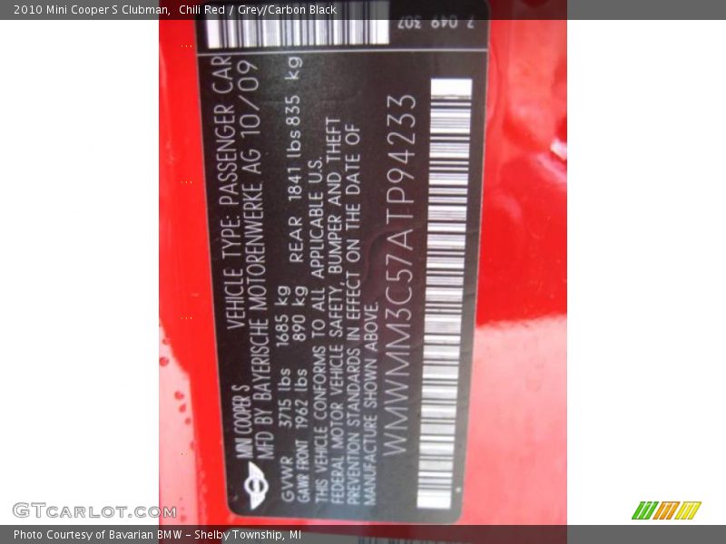 Chili Red / Grey/Carbon Black 2010 Mini Cooper S Clubman