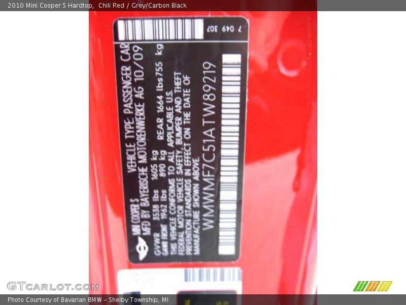 Chili Red / Grey/Carbon Black 2010 Mini Cooper S Hardtop