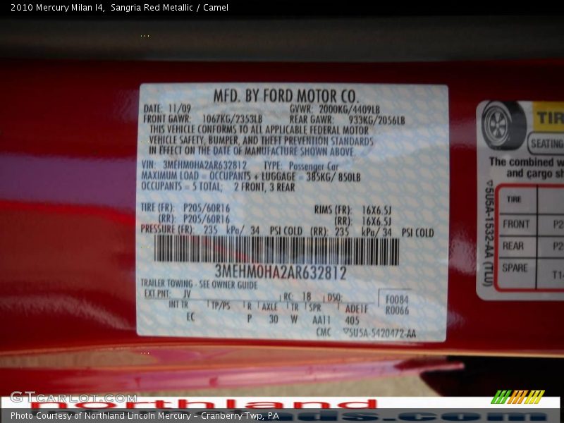 Sangria Red Metallic / Camel 2010 Mercury Milan I4