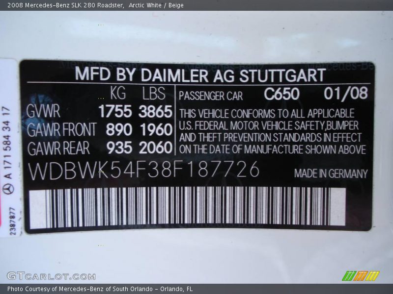 Arctic White / Beige 2008 Mercedes-Benz SLK 280 Roadster