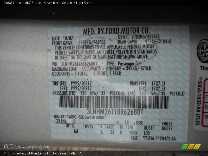 Silver Birch Metallic / Light Stone 2008 Lincoln MKZ Sedan
