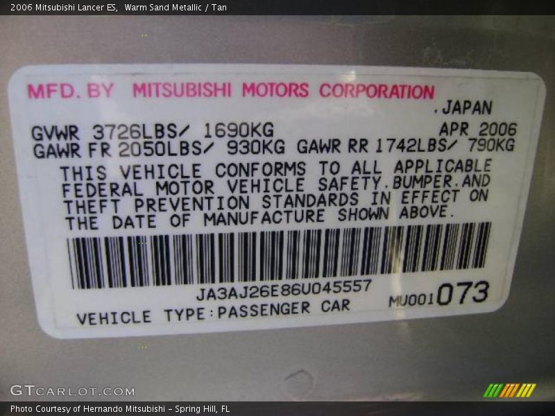 Warm Sand Metallic / Tan 2006 Mitsubishi Lancer ES