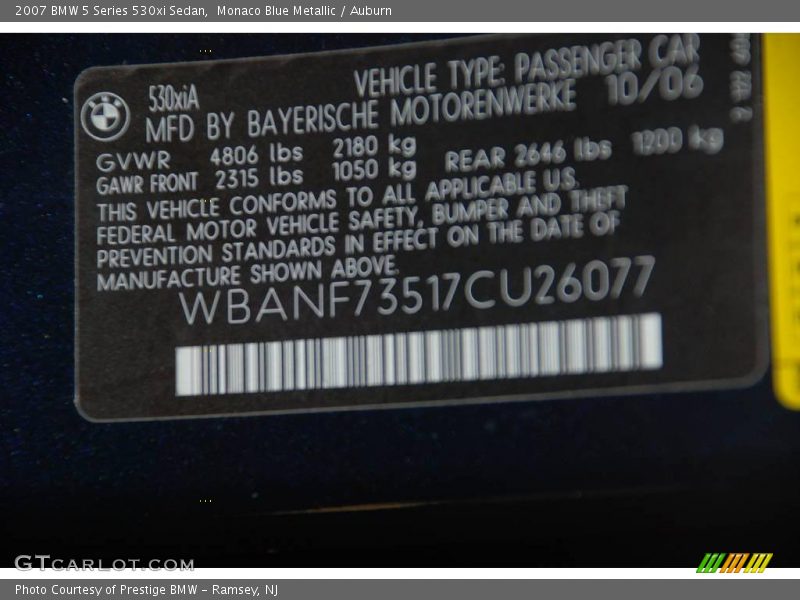 Monaco Blue Metallic / Auburn 2007 BMW 5 Series 530xi Sedan