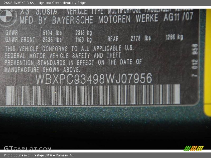 Highland Green Metallic / Beige 2008 BMW X3 3.0si