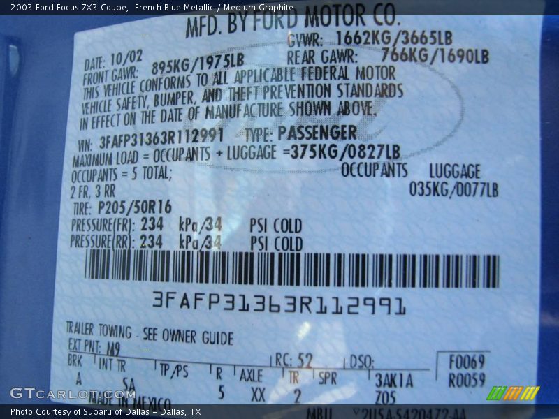 French Blue Metallic / Medium Graphite 2003 Ford Focus ZX3 Coupe