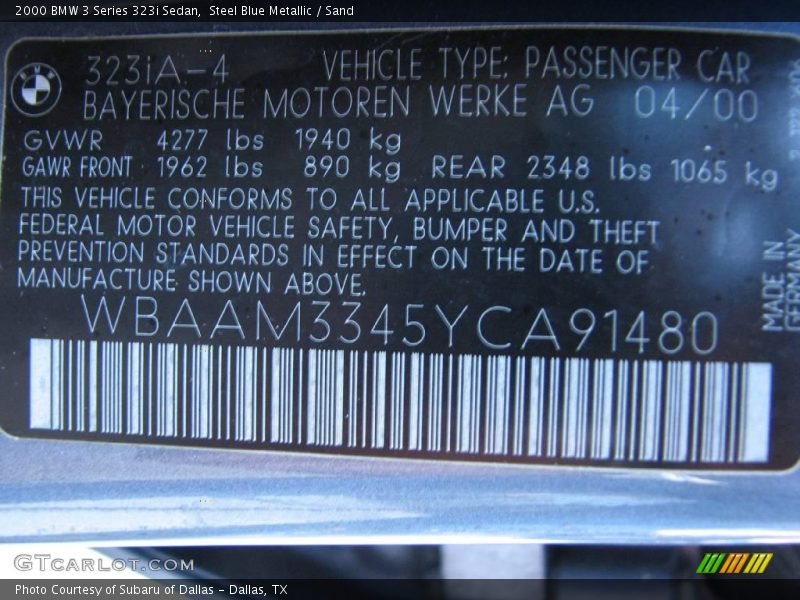 Steel Blue Metallic / Sand 2000 BMW 3 Series 323i Sedan