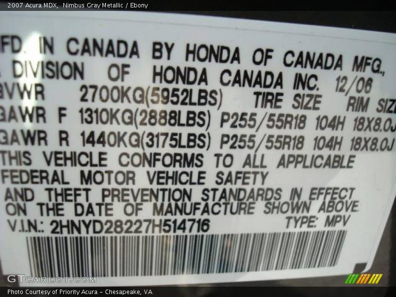 Nimbus Gray Metallic / Ebony 2007 Acura MDX