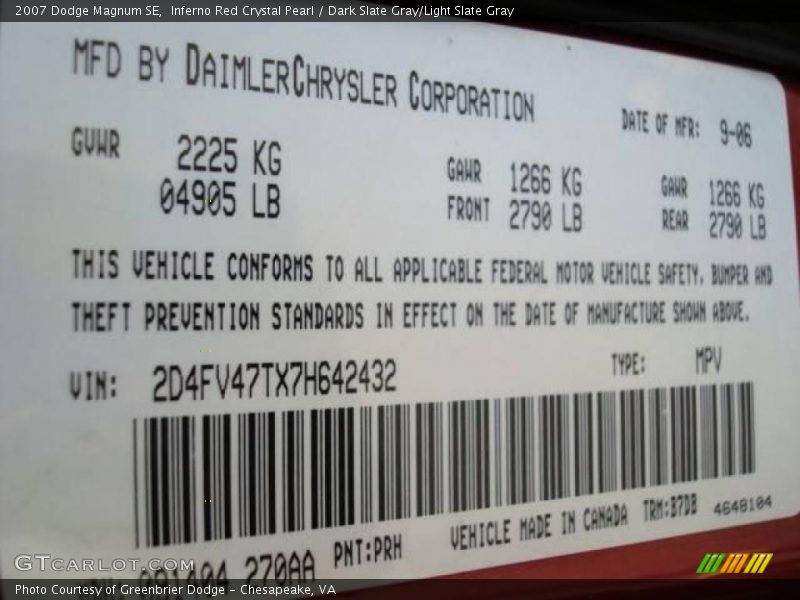 Inferno Red Crystal Pearl / Dark Slate Gray/Light Slate Gray 2007 Dodge Magnum SE