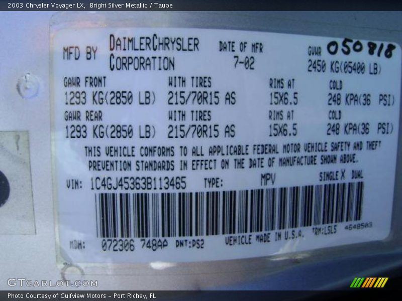 Bright Silver Metallic / Taupe 2003 Chrysler Voyager LX