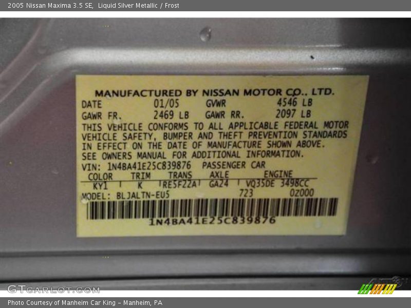 Liquid Silver Metallic / Frost 2005 Nissan Maxima 3.5 SE