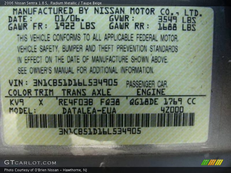 Radium Metallic / Taupe Beige 2006 Nissan Sentra 1.8 S
