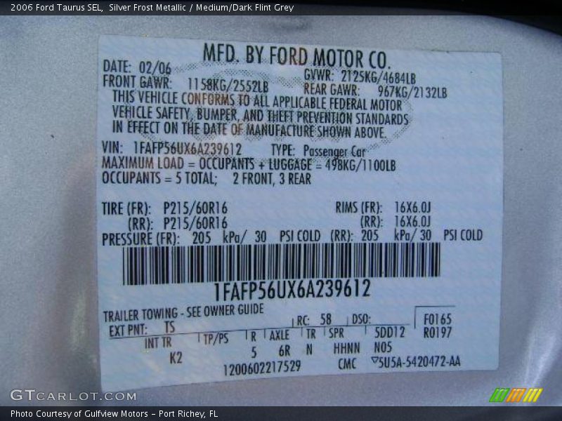 Silver Frost Metallic / Medium/Dark Flint Grey 2006 Ford Taurus SEL