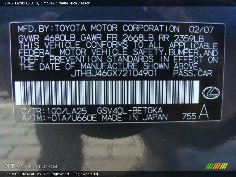 Smokey Granite Mica / Black 2007 Lexus ES 350