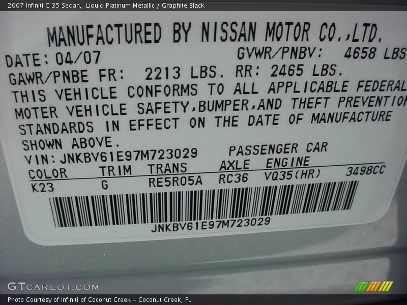 Liquid Platinum Metallic / Graphite Black 2007 Infiniti G 35 Sedan