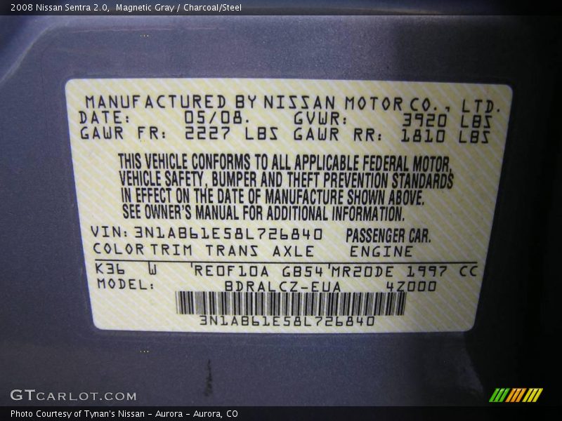 Magnetic Gray / Charcoal/Steel 2008 Nissan Sentra 2.0