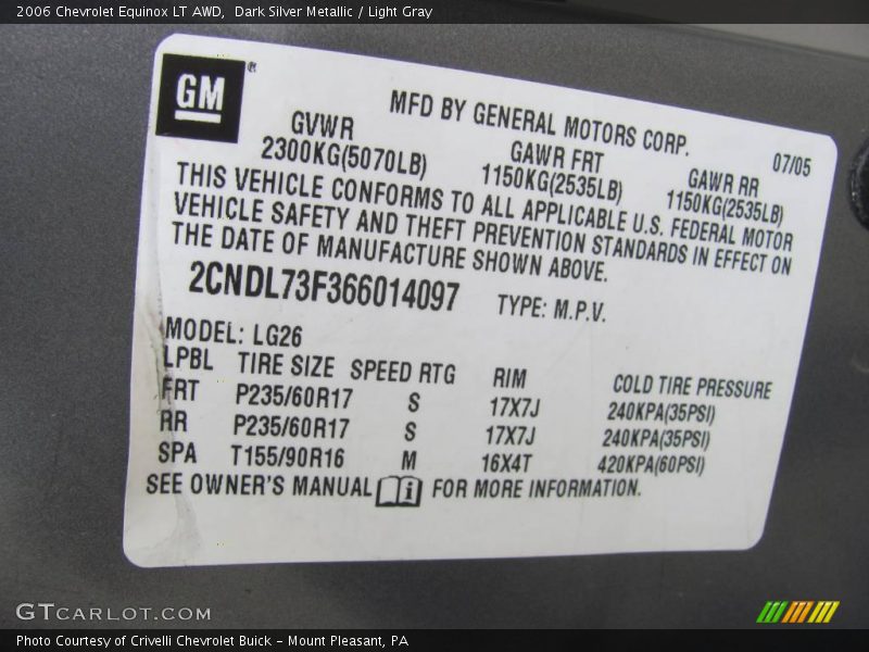 Dark Silver Metallic / Light Gray 2006 Chevrolet Equinox LT AWD
