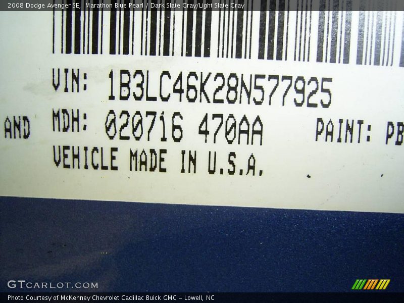 Marathon Blue Pearl / Dark Slate Gray/Light Slate Gray 2008 Dodge Avenger SE