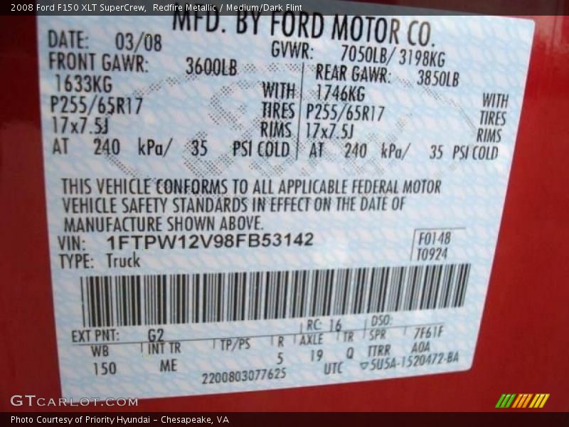 Redfire Metallic / Medium/Dark Flint 2008 Ford F150 XLT SuperCrew