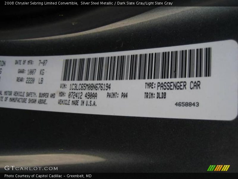 Silver Steel Metallic / Dark Slate Gray/Light Slate Gray 2008 Chrysler Sebring Limited Convertible