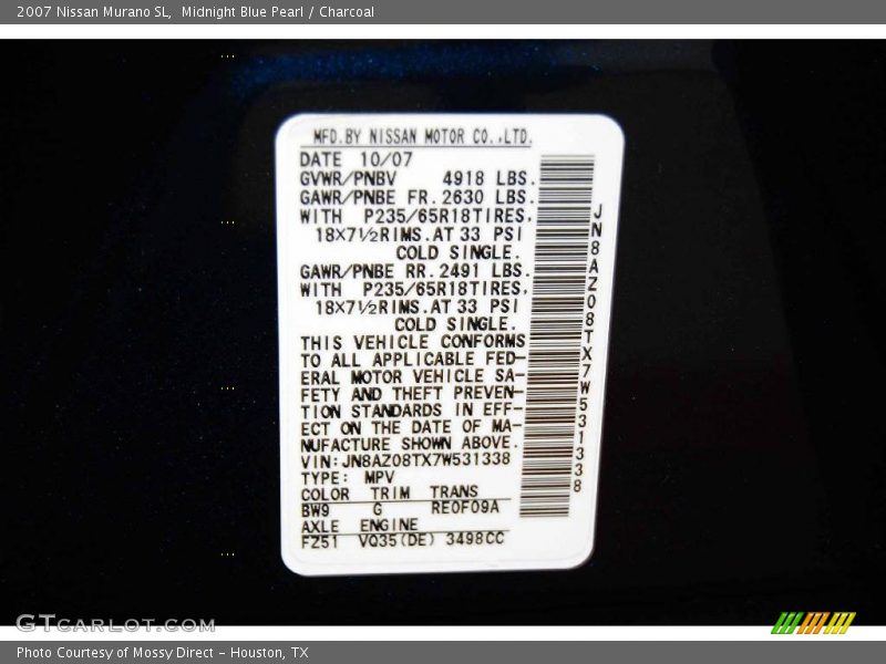 Midnight Blue Pearl / Charcoal 2007 Nissan Murano SL