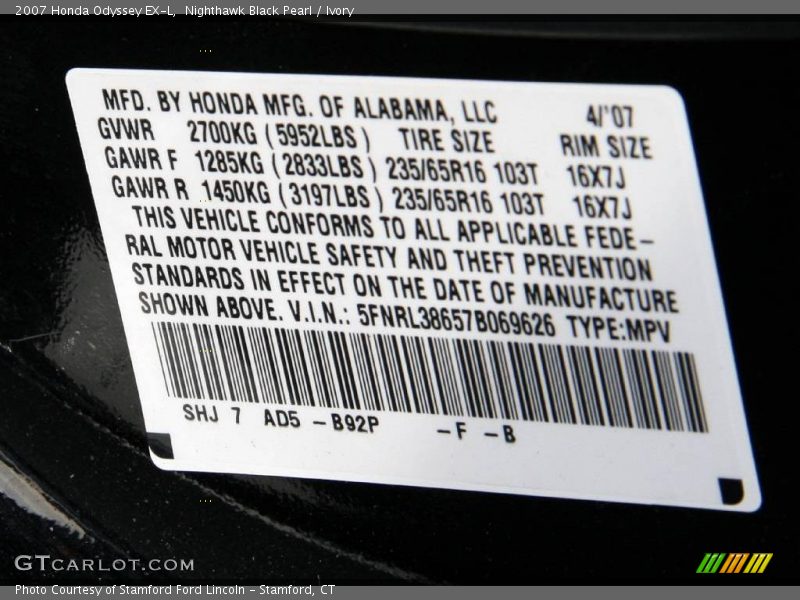 2007 Odyssey EX-L Nighthawk Black Pearl Color Code B92P
