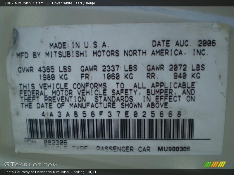Dover White Pearl / Beige 2007 Mitsubishi Galant ES