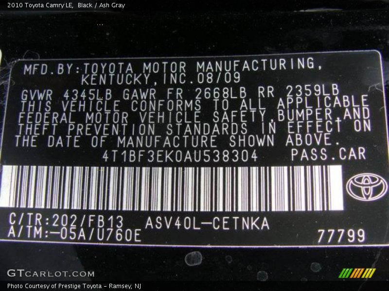 Black / Ash Gray 2010 Toyota Camry LE