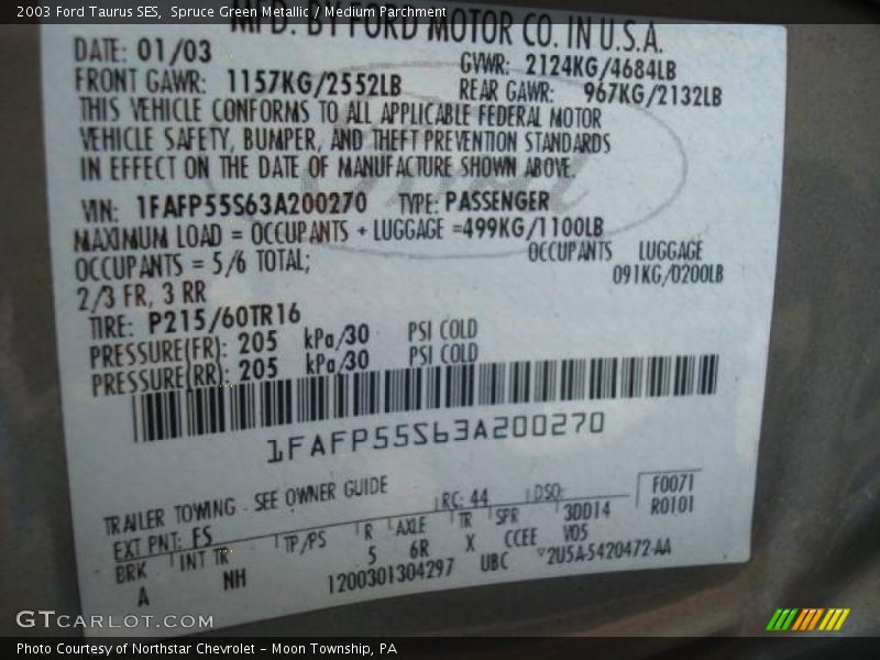 2003 Taurus SES Spruce Green Metallic Color Code FS