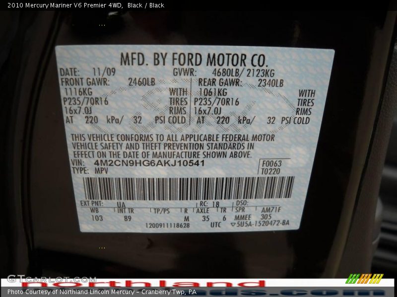 Black / Black 2010 Mercury Mariner V6 Premier 4WD