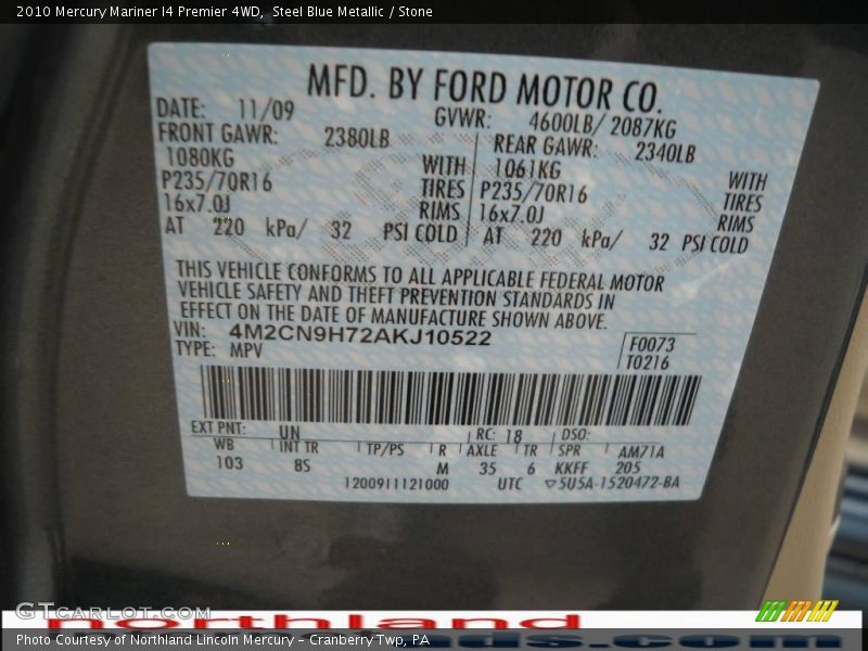 Steel Blue Metallic / Stone 2010 Mercury Mariner I4 Premier 4WD