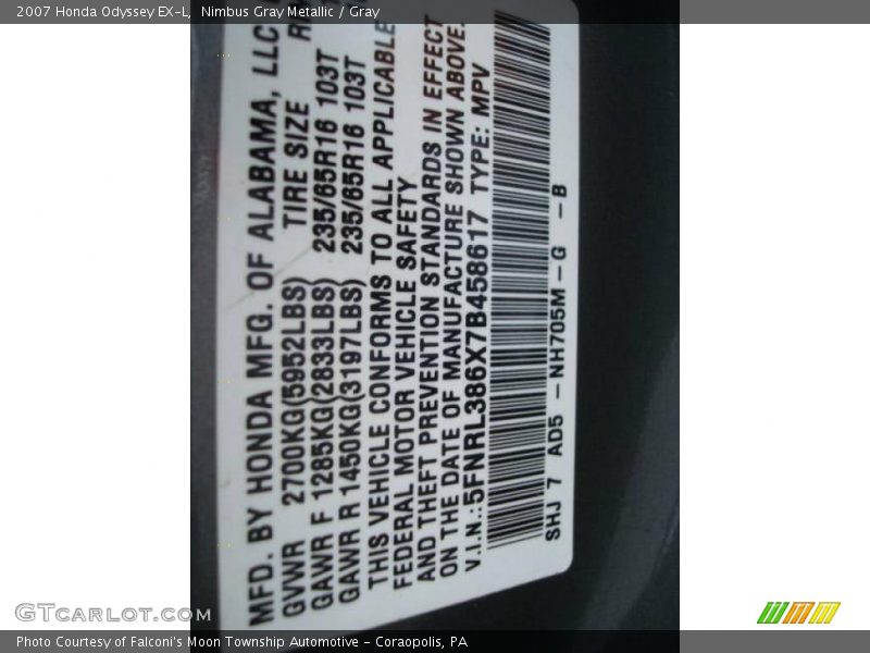 Nimbus Gray Metallic / Gray 2007 Honda Odyssey EX-L