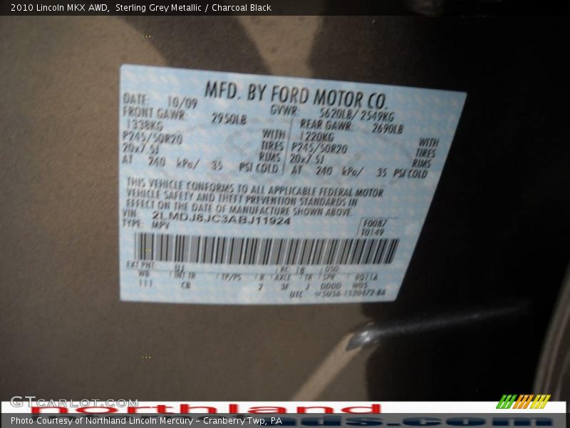 Sterling Grey Metallic / Charcoal Black 2010 Lincoln MKX AWD