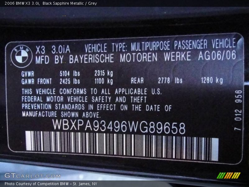 Black Sapphire Metallic / Grey 2006 BMW X3 3.0i