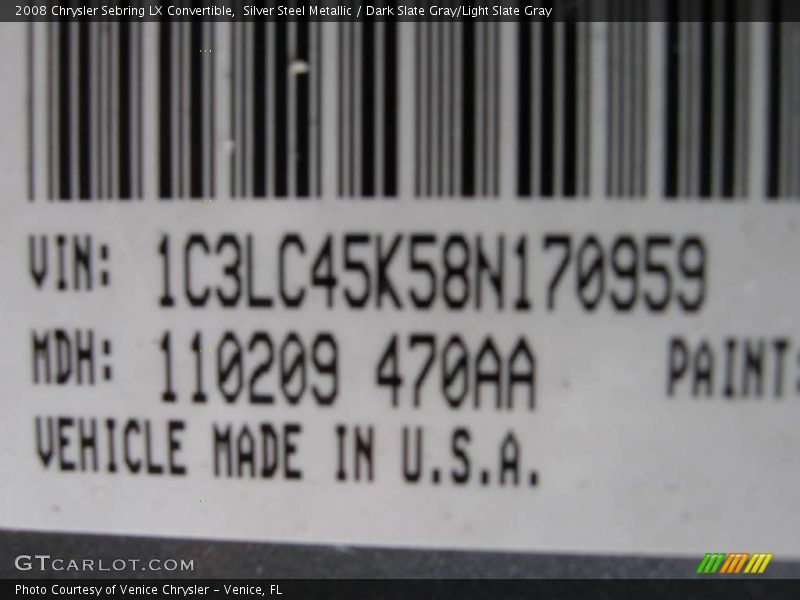 Silver Steel Metallic / Dark Slate Gray/Light Slate Gray 2008 Chrysler Sebring LX Convertible
