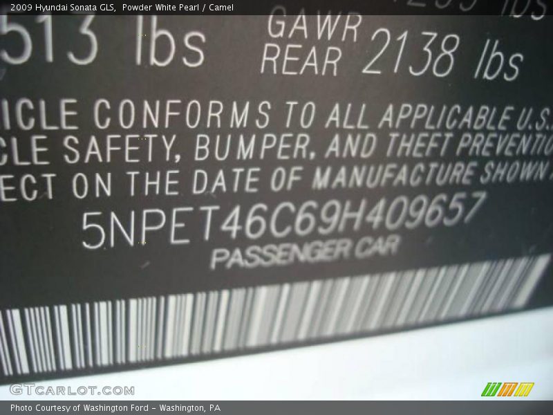 Powder White Pearl / Camel 2009 Hyundai Sonata GLS