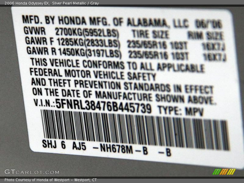 Silver Pearl Metallic / Gray 2006 Honda Odyssey EX