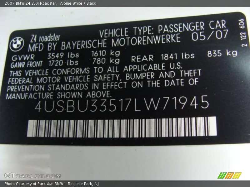 Alpine White / Black 2007 BMW Z4 3.0i Roadster