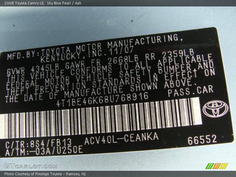 Sky Blue Pearl / Ash 2008 Toyota Camry LE