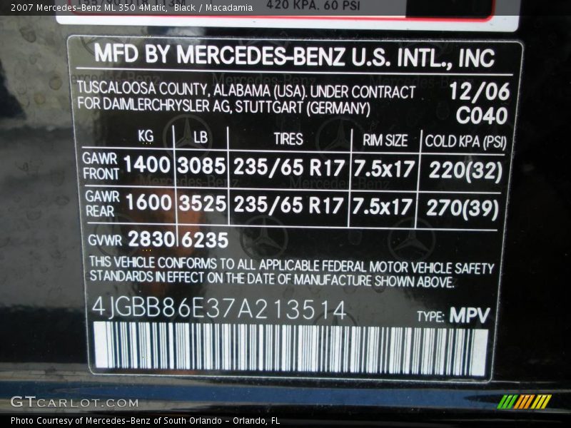 Black / Macadamia 2007 Mercedes-Benz ML 350 4Matic